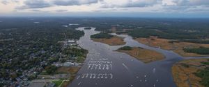 Превью обои река, острова, лодки, берег, деревья, вид сверху