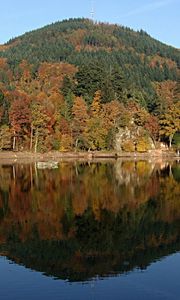 Превью обои река, озеро, осень, деревья, возвышенность