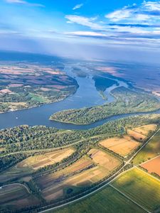 Превью обои река, поля, лес, вид сверху, природа