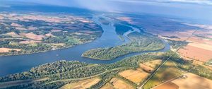 Превью обои река, поля, лес, вид сверху, природа