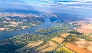 Превью обои река, поля, лес, вид сверху, природа
