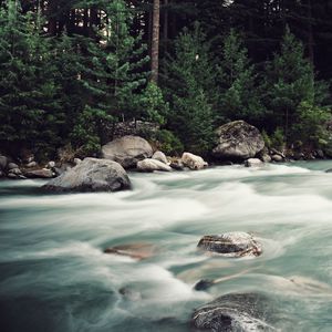 Превью обои река, поток, камни, деревья, лес, природа
