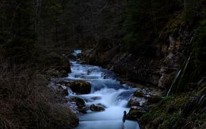 Превью обои река, ручей, камни, деревья, лес