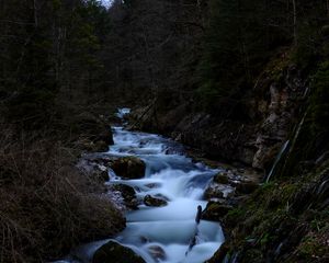 Превью обои река, ручей, камни, деревья, лес