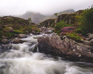 Превью обои река, ручей, камни, горы, пейзаж