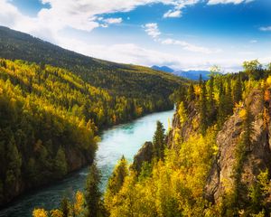 Превью обои река, скалы, деревья, лес, осень, долина