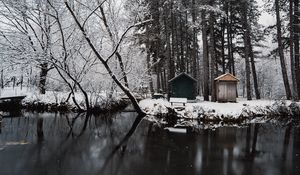 Превью обои река, снег, деревья, строение, зима