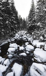 Превью обои река, снег, деревья, камни, вода, зима