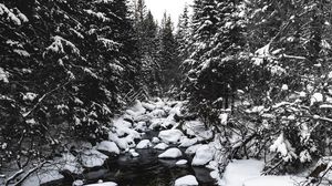 Превью обои река, снег, деревья, камни, вода, зима