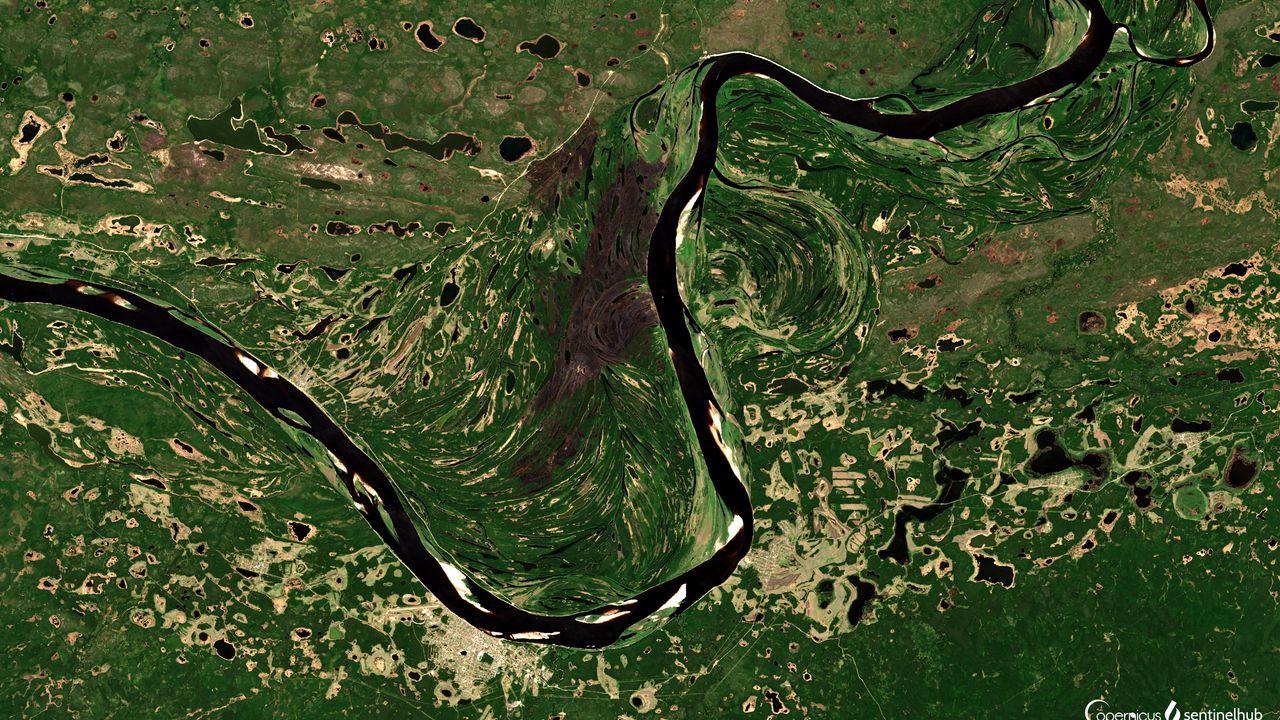 Обои река, спутник, вид сверху, зеленый