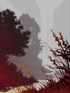 Превью обои река, трава, деревья, пейзаж, арт