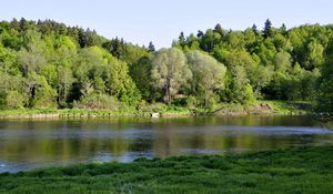 Превью обои река, трава, деревья, берег