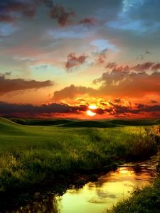 Превью обои река, трава, зелень, берега, закат, вечер, облака, небо