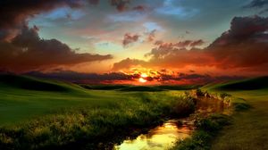 Превью обои река, трава, зелень, берега, закат, вечер, облака, небо