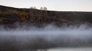 Превью обои река, туман, деревья, пейзаж, природа