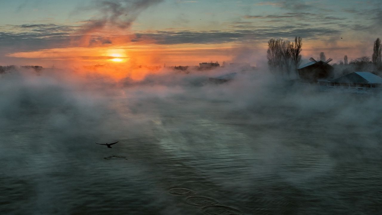 Обои река, туман, солнце, утро, мгла, дома, птица, полет