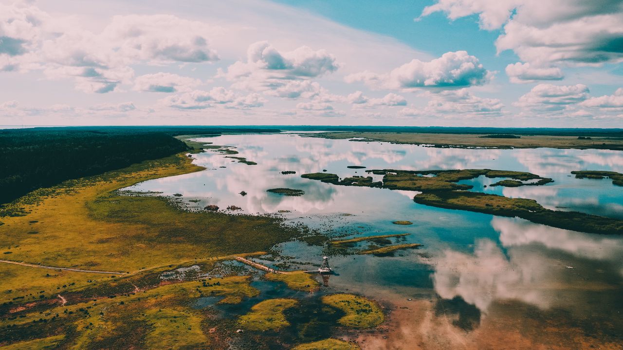 Обои река, вид сверху, пейзаж, вода, земля