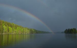 Превью обои река, вода, радуга, лес, пейзаж