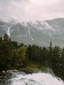 Превью обои река, водопад, ель, деревья, горы