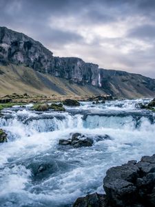 Превью обои река, водопад, горы, долина, камни, пейзаж