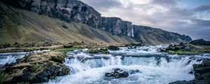 Превью обои река, водопад, горы, долина, камни, пейзаж