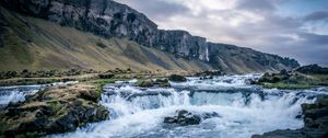 Превью обои река, водопад, горы, долина, камни, пейзаж