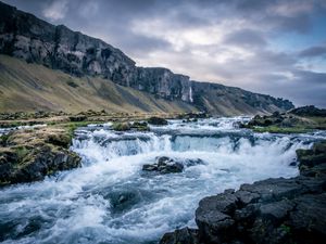 Превью обои река, водопад, горы, долина, камни, пейзаж