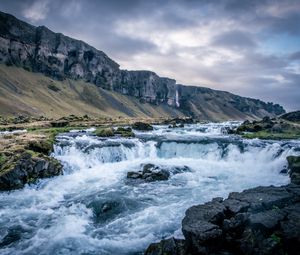 Превью обои река, водопад, горы, долина, камни, пейзаж