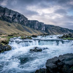 Превью обои река, водопад, горы, долина, камни, пейзаж