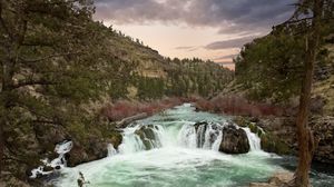 Превью обои река, водопад, горы, деревья, пейзаж