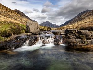 Превью обои река, водопад, горы, камни, скалы, пейзаж