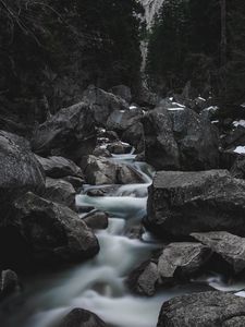 Превью обои река, водопад, камни, течение