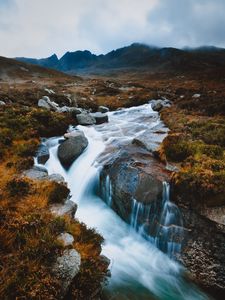 Превью обои река, водопад, камни, горы, пейзаж