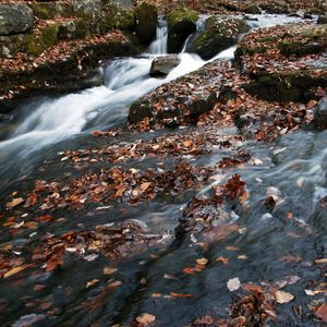 Превью обои река, водопад, камни, листья, осень, природа