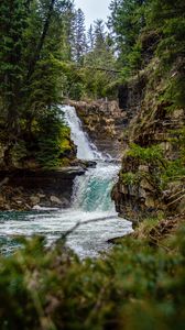 Превью обои река, водопад, скала, деревья, вода