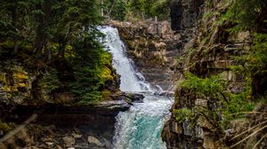 Превью обои река, водопад, скала, деревья, вода