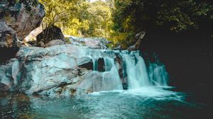 Превью обои река, водопад, скалы, деревья, пейзаж