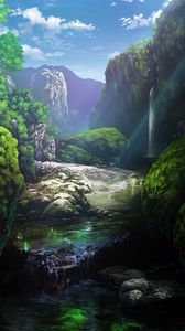 Превью обои река, водопад, скалы, пейзаж, арт