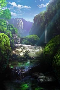 Превью обои река, водопад, скалы, пейзаж, арт