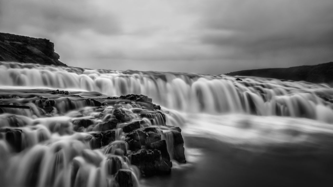 Обои река, водопад, вода, долгая выдержка, черно-белый