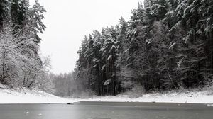 Превью обои река, зима, деревья, лед, снег, чб