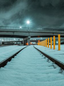 Превью обои рельсы, железная дорога, снег, мост, зима