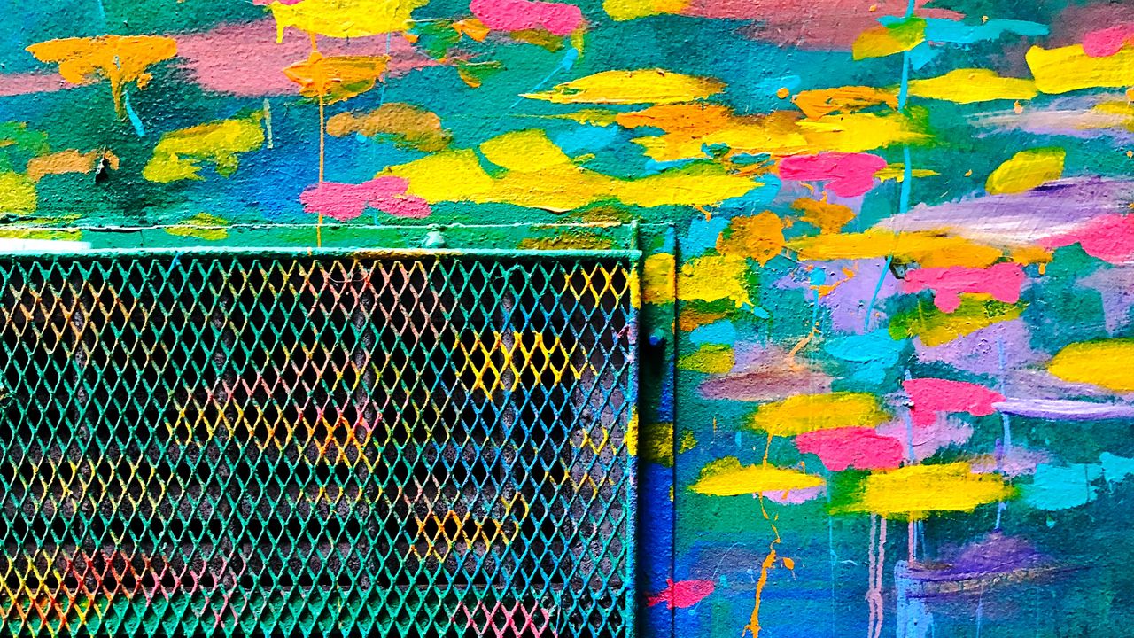 Обои решетка, краска, стена, разноцветный, street art