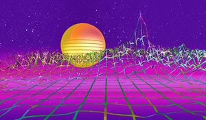 Превью обои retrowave, арт, ретро, synthwave, солнце, рельеф, сетка