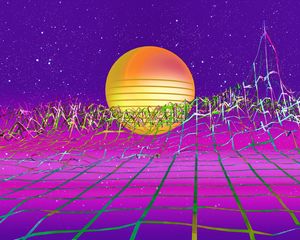 Превью обои retrowave, арт, ретро, synthwave, солнце, рельеф, сетка