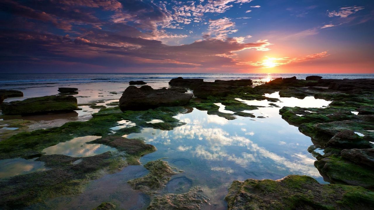Обои рифы, закат, солнце, свет, отлив, лужи, скалы, камни, море, берег, вечер, тишина, небо