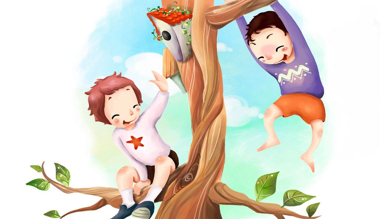 Обои рисунок, дети, веселье, дерево, скворечник, ветки, листва