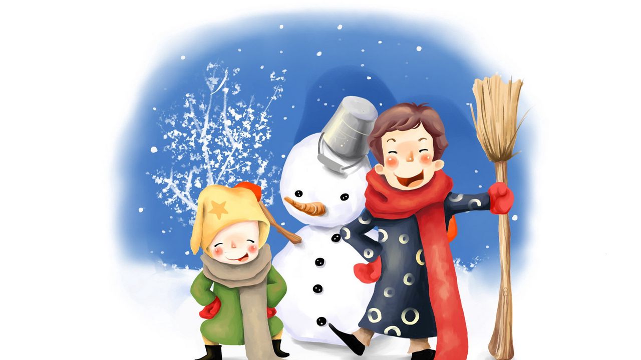 Обои рисунок, дети, веселье, снеговик, зима, ведро, метла, пуговки, шарфы
