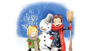 Превью обои рисунок, дети, веселье, снеговик, зима, ведро, метла, пуговки, шарфы