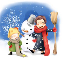 Превью обои рисунок, дети, веселье, снеговик, зима, ведро, метла, пуговки, шарфы